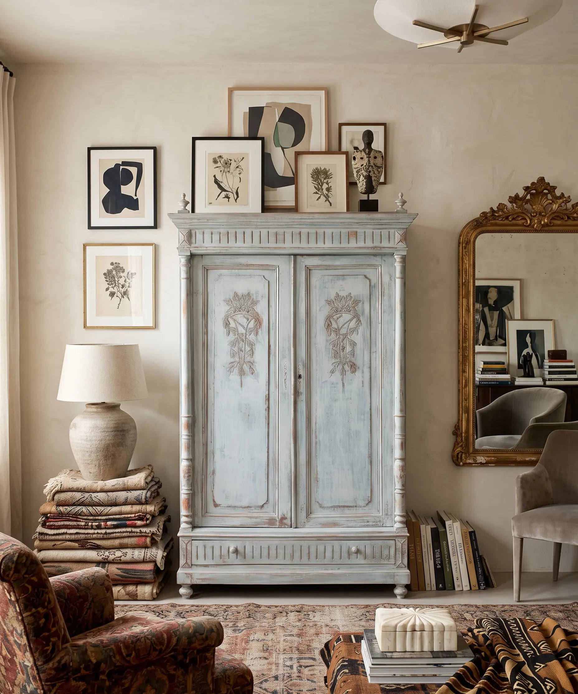 Armario francés azul decapé en salón con espejo dorado y láminas — Antique Arte y Decoración