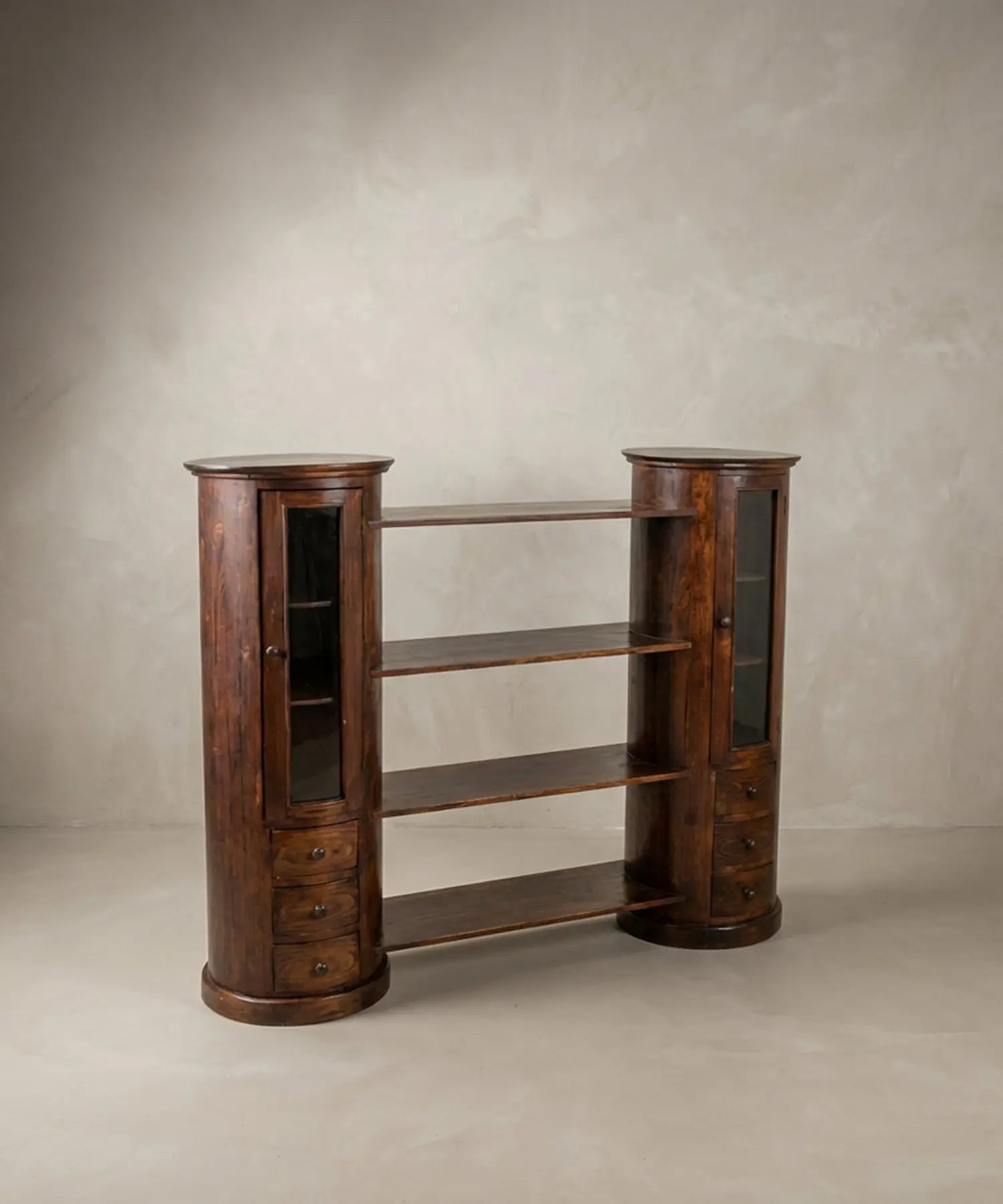 Wooden bookcase with cylindrical side display cases