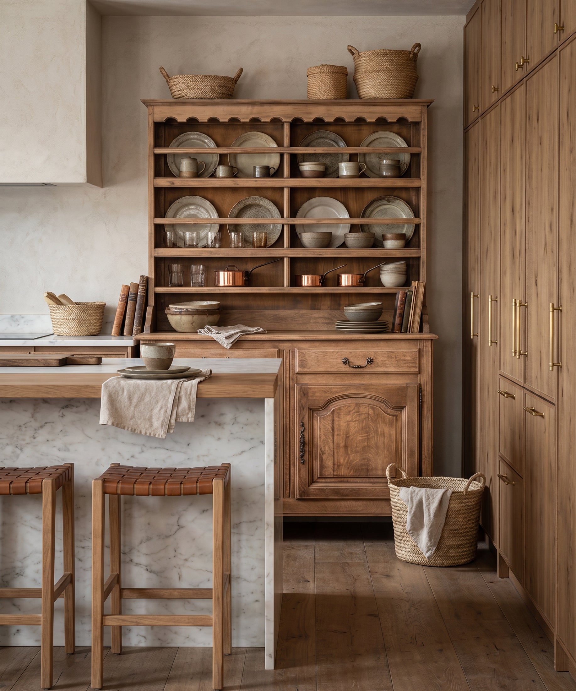 Aparador platero de roble en cocina con isla de mármol y cerámica — Antique Arte y Decoración