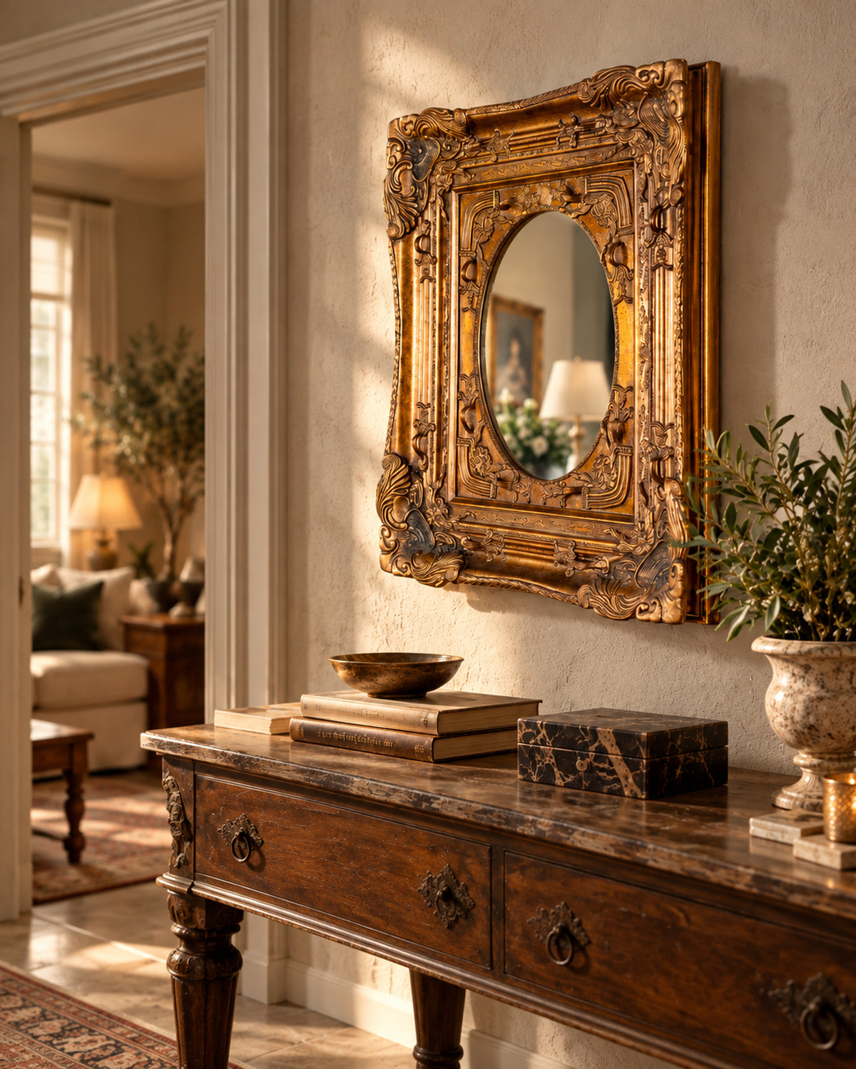 Espejo vintage dorado estilo Luis XV con cristal oval colgado en un ambiente decorado — Antique Arte y Decoración