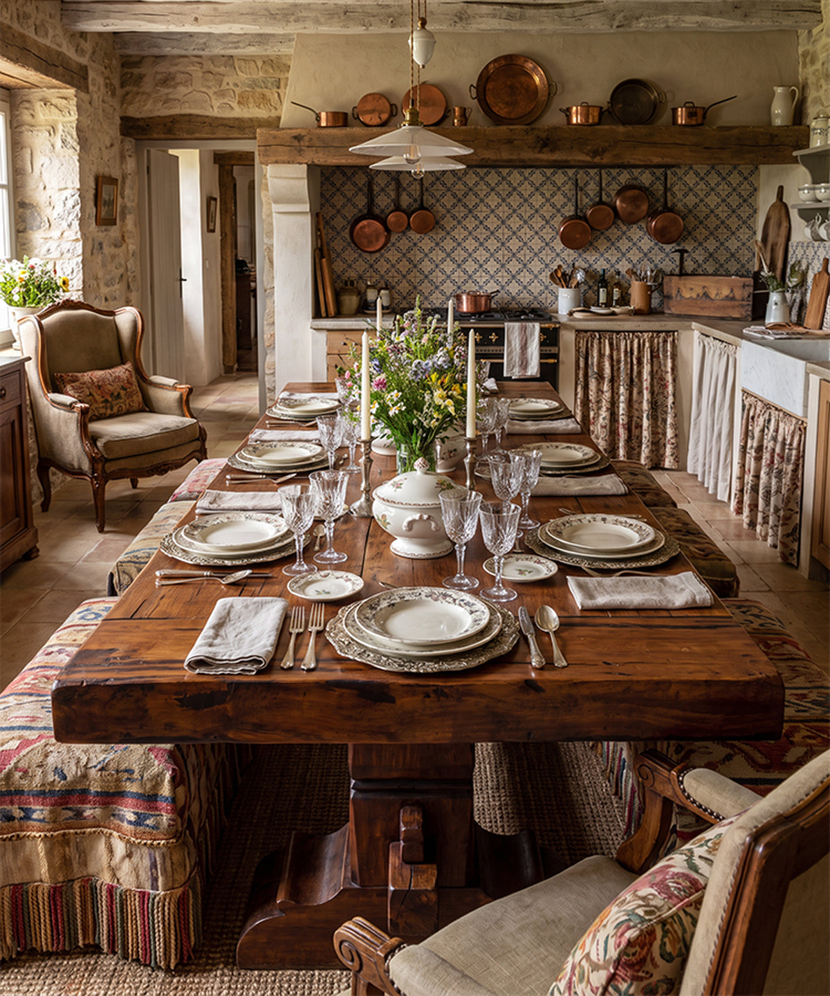 Mesa de comedor de teca gran formato en cocina de casa de campo — Antique Arte y Decoración
