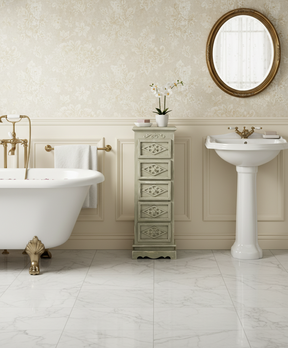 Detalle del sinfonier de cinco cajones en un baño elegante con suelo de mármol beige y grifería dorada.