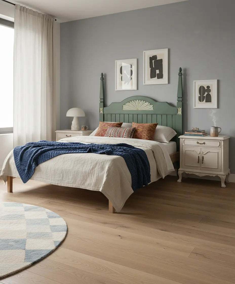 cabecero de madera macia verde salvia decorado en dormitorio