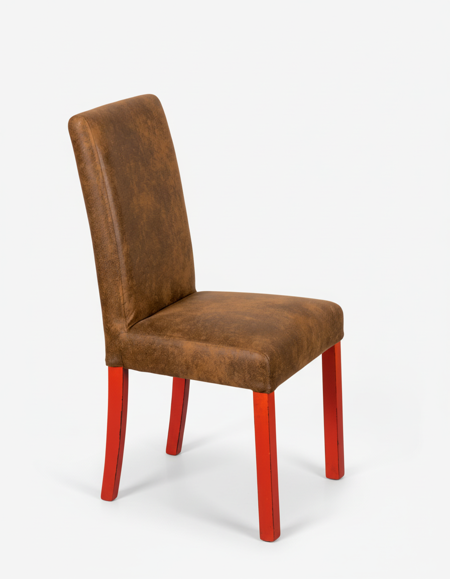 silla tela marron pata roja vista lateral