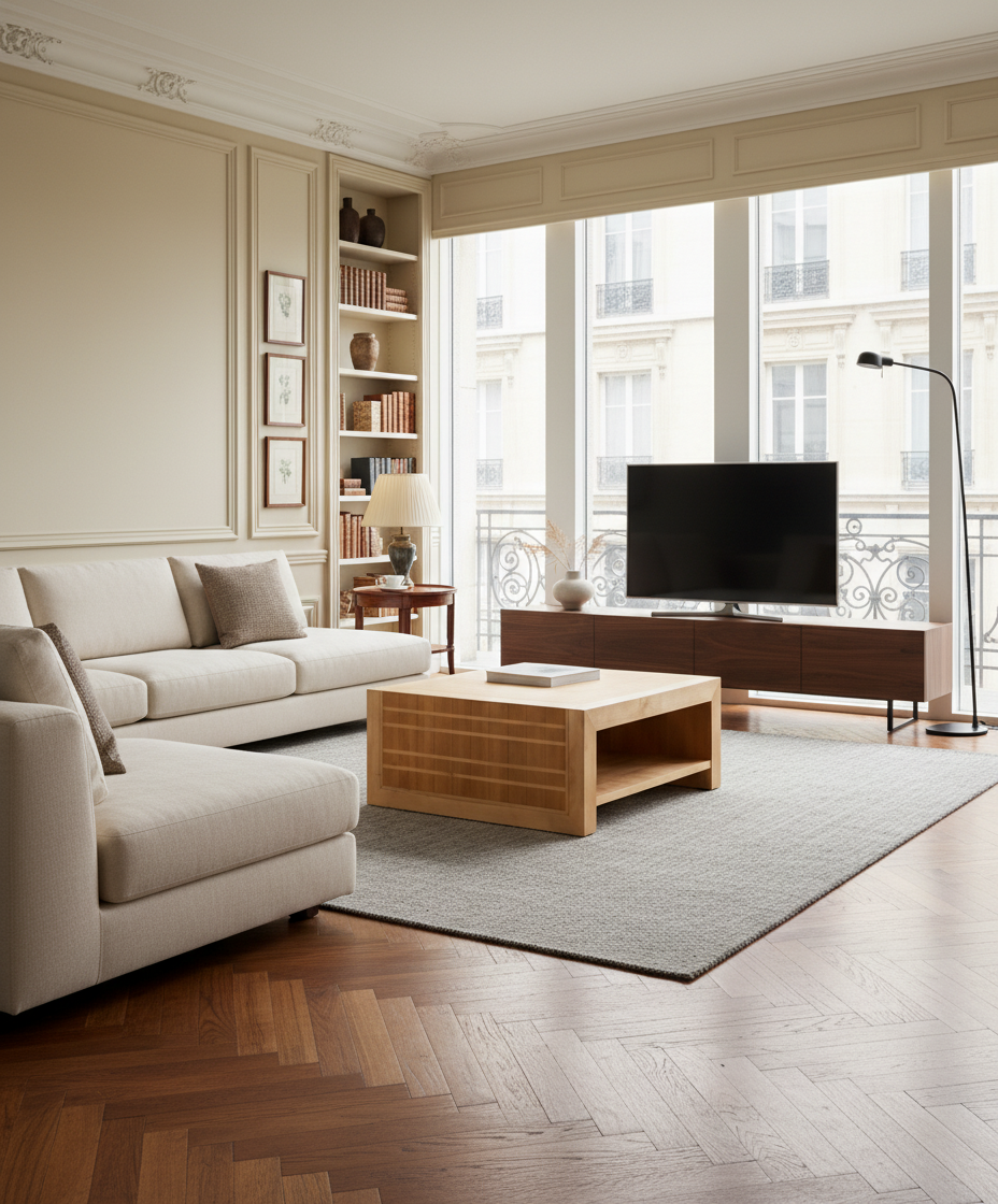 Salón de estilo clásico con parqué de espiga y una mesa de centro moderna de madera como pieza central.