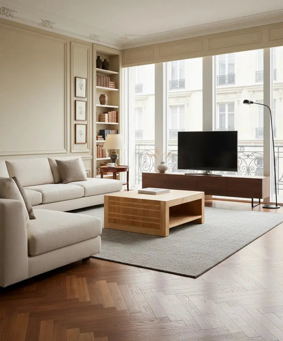 Salón de estilo clásico con parqué de espiga y una mesa de centro moderna de madera como pieza central.