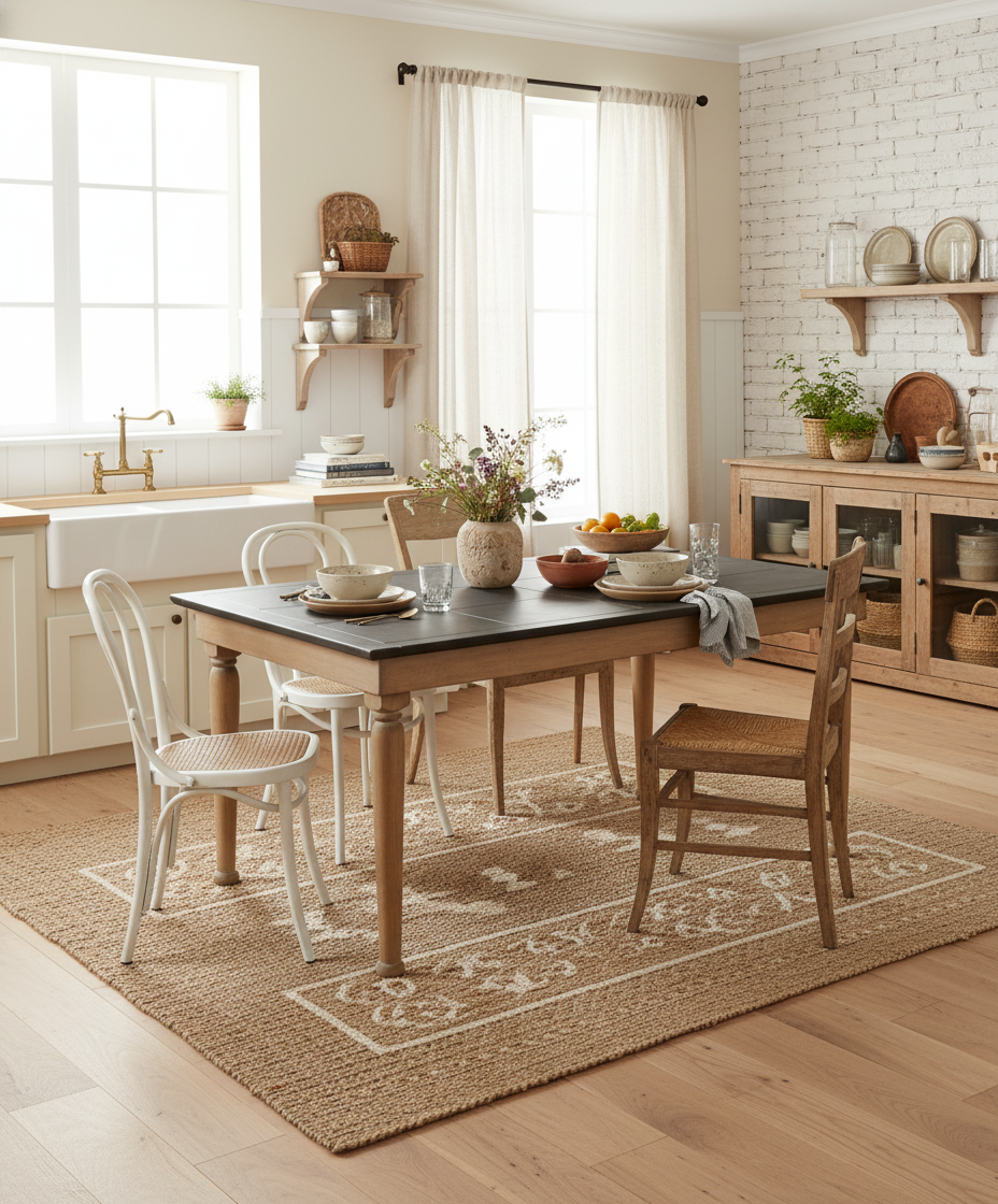 Mesa de comedor Provenza situada en una cocina moderna con armarios de color verde salvia, encimera de mármol y un sillón de lectura gris al lado.