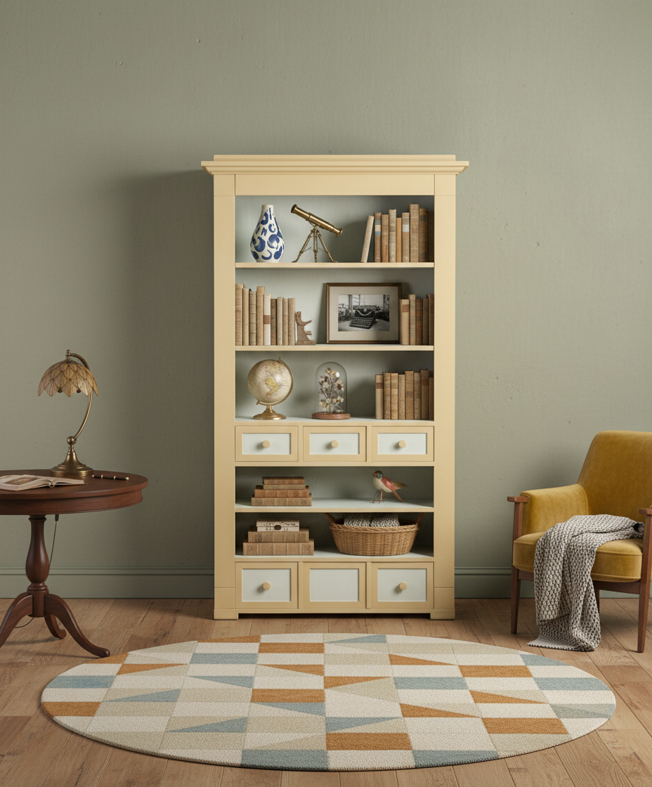 Estantería decorada en ambiente de estudio vintage con pared verde y objetos antiguos