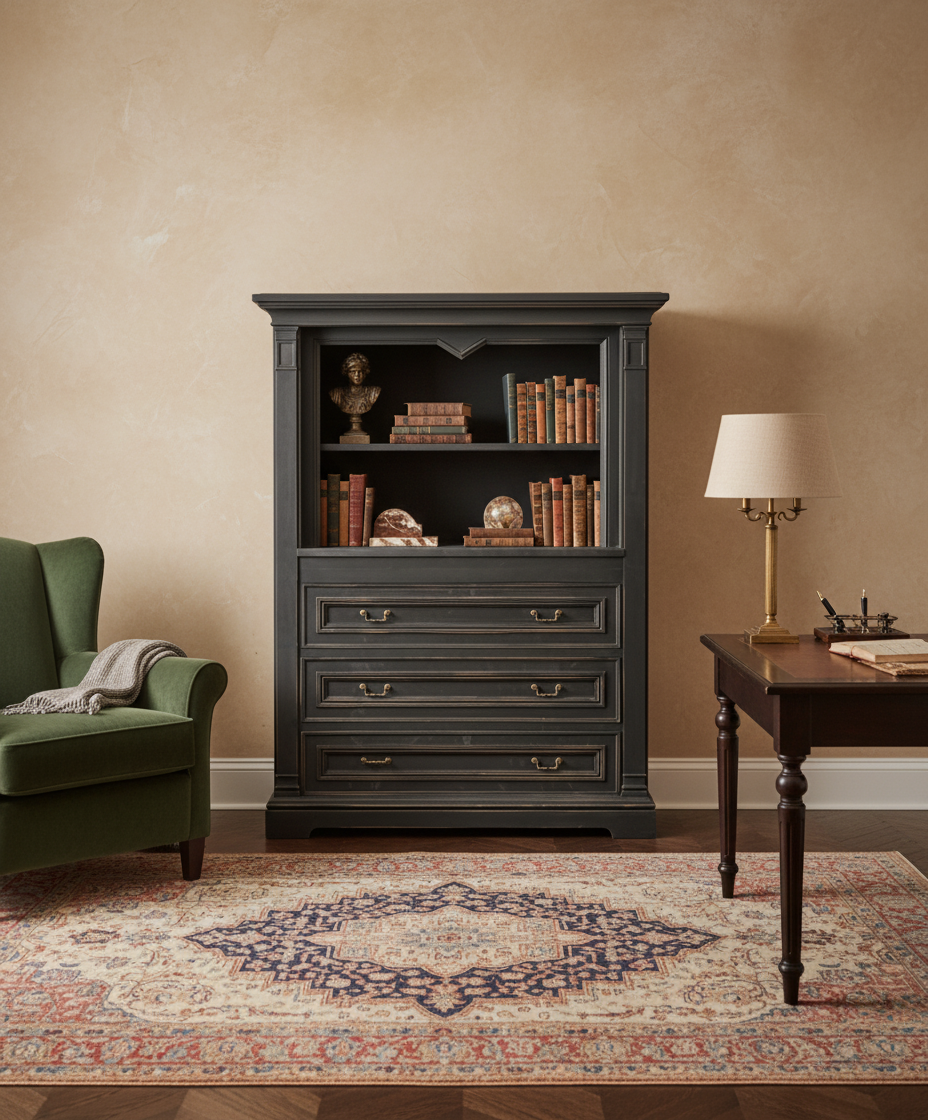 Detalle primer plano de los cajones negros con tiradores de latón y acabado envejecido