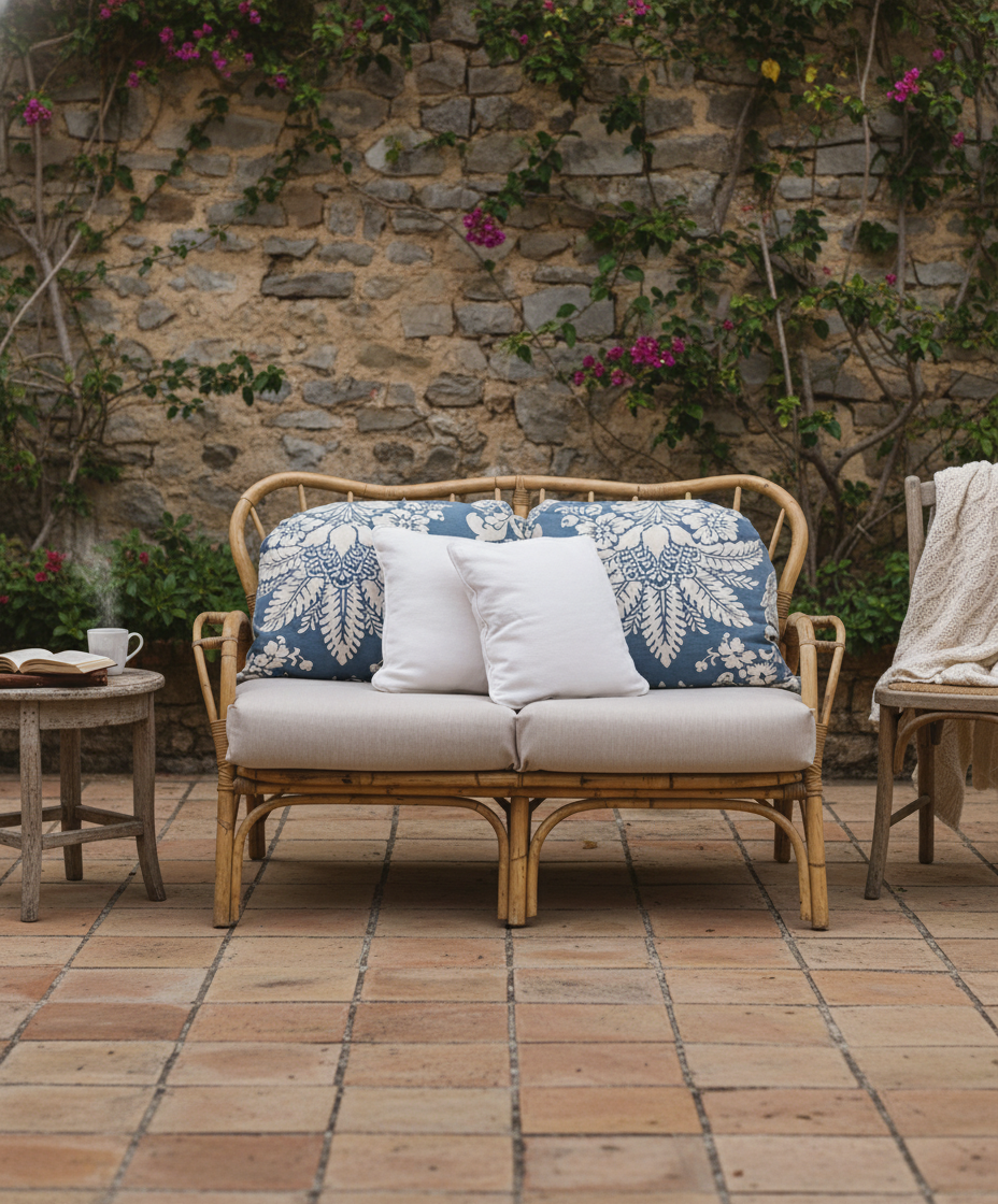 Sofá de caña natural con cojines