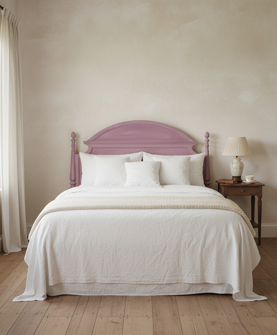 Cabecero rosa empolvado en dormitorio decorado con ropa de cama blanca y mesita de noche de madera oscura