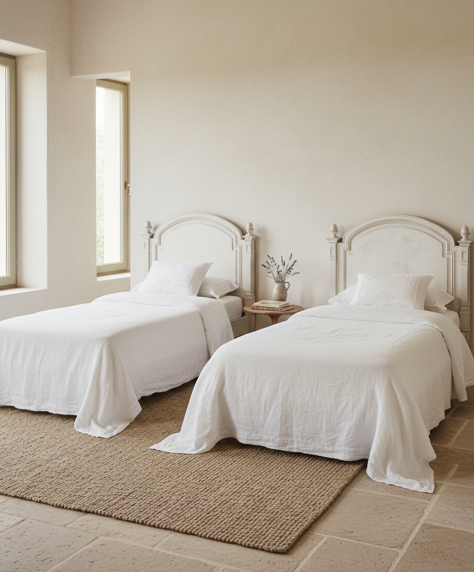 Inspiración de dormitorio bohemio con cabecero blanco antiguo y ropa de cama verde