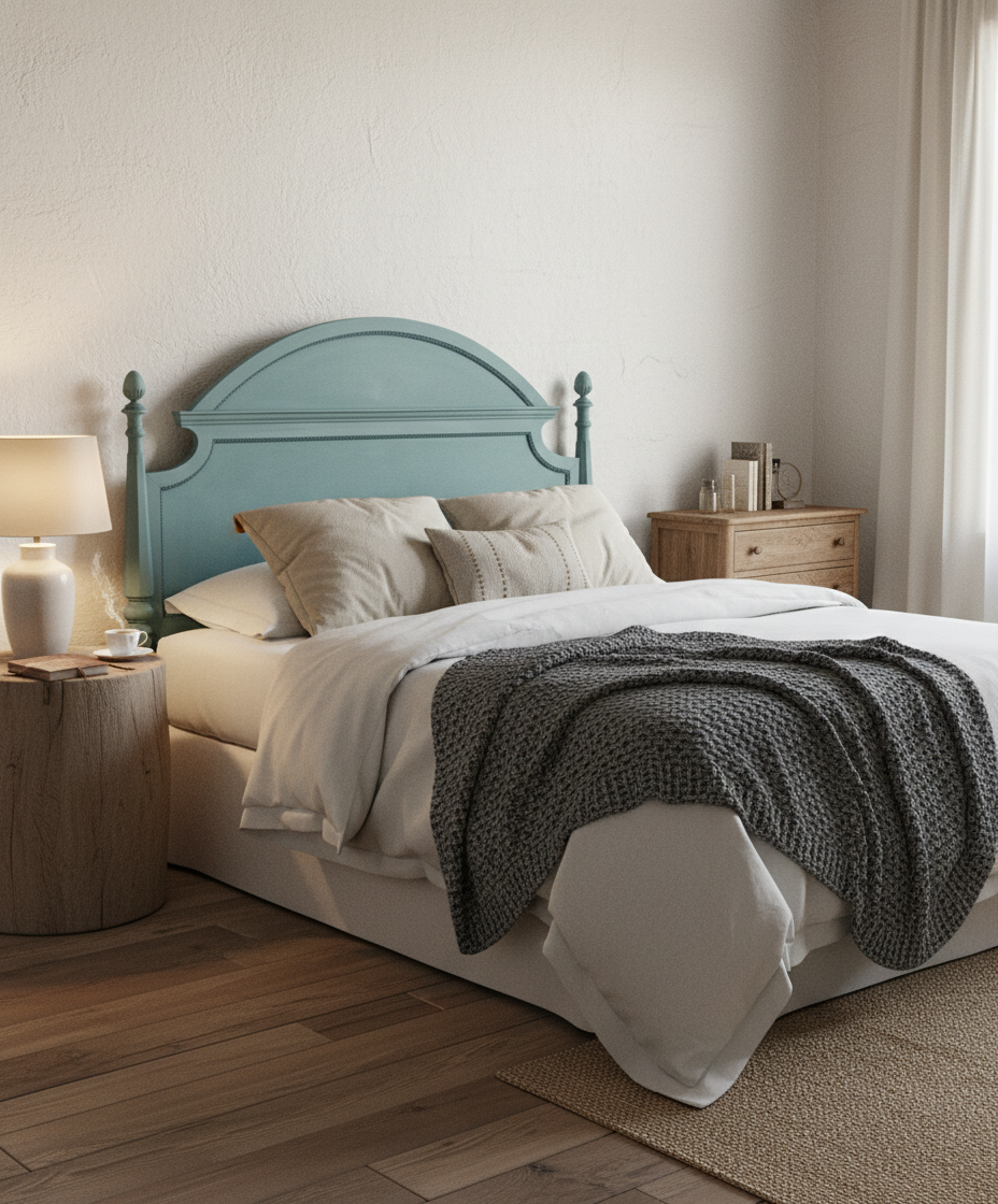 Dormitorio estilo rústico moderno con cabecero verde y ropa de cama en tonos neutros y manta gris