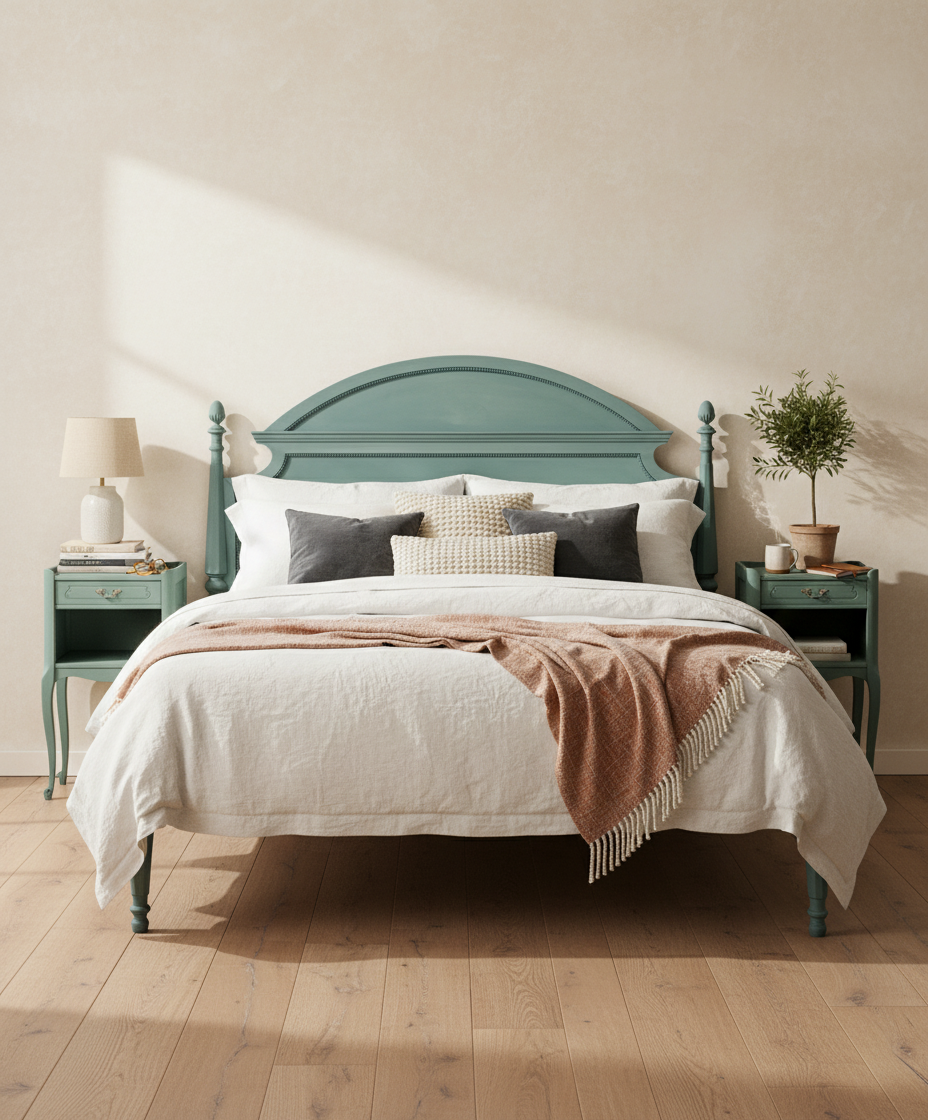 Vista frontal de dormitorio simétrico con cabecero clásico verde y mesitas de noche de madera