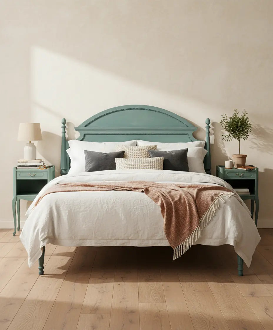 Vista frontal de dormitorio simétrico con cabecero clásico verde y mesitas de noche de madera
