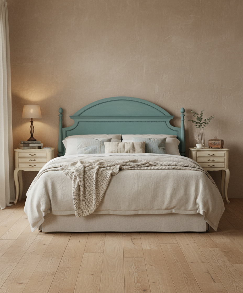 Primer plano lateral de cama con cabecero verde agua y textiles de lino beige