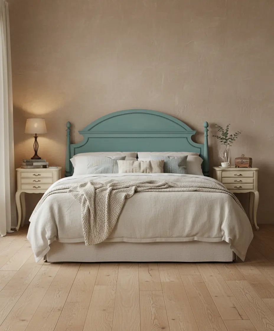 Primer plano lateral de cama con cabecero verde agua y textiles de lino beige