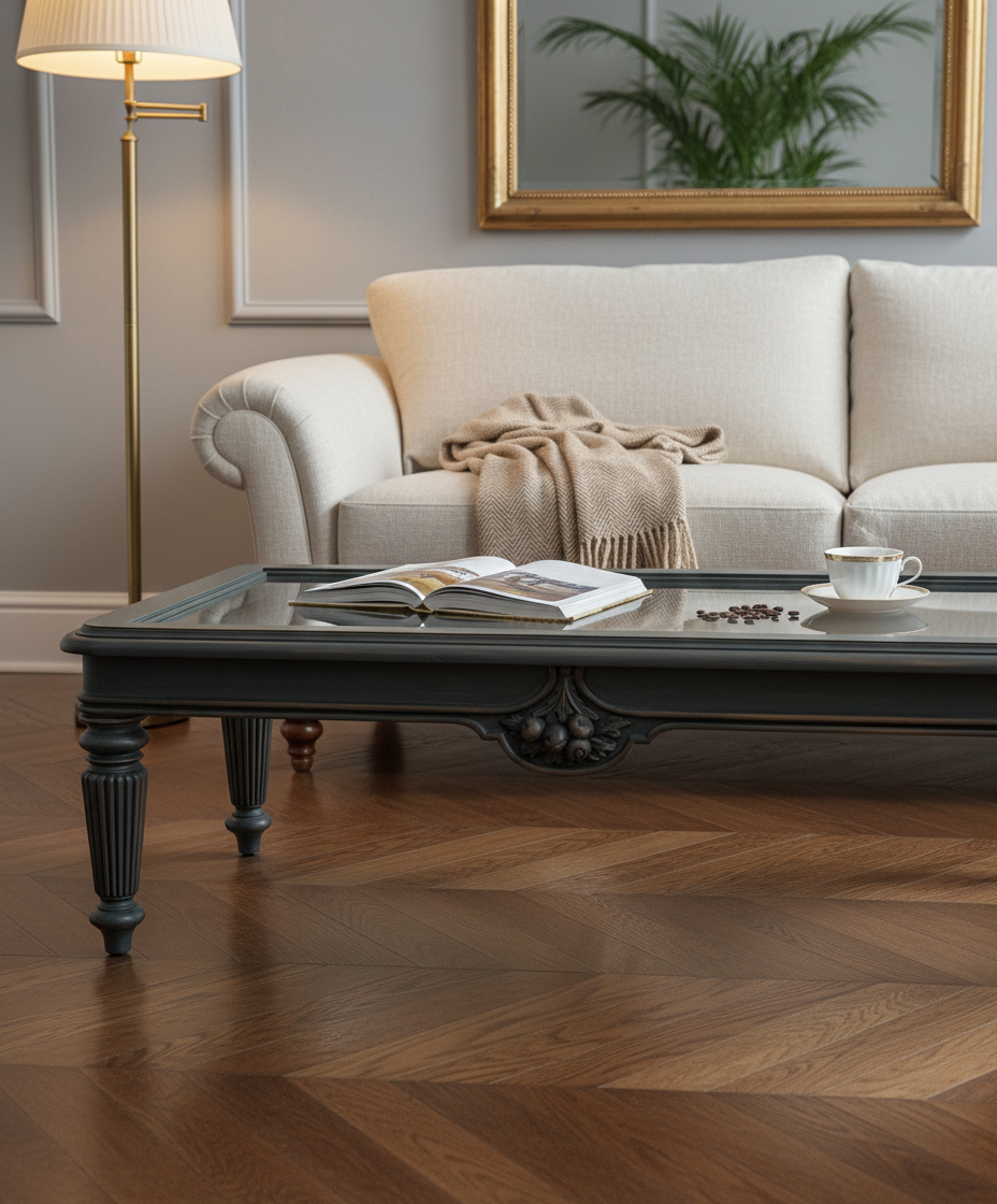 Detalle lifestyle de mesa de centro con libros abiertos y manta sobre sofá beige