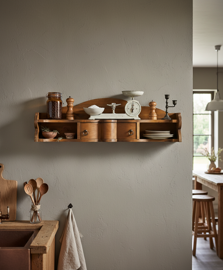 Estantería decorada en ambiente de cocina rústica con tarros de cristal y balanza antigua