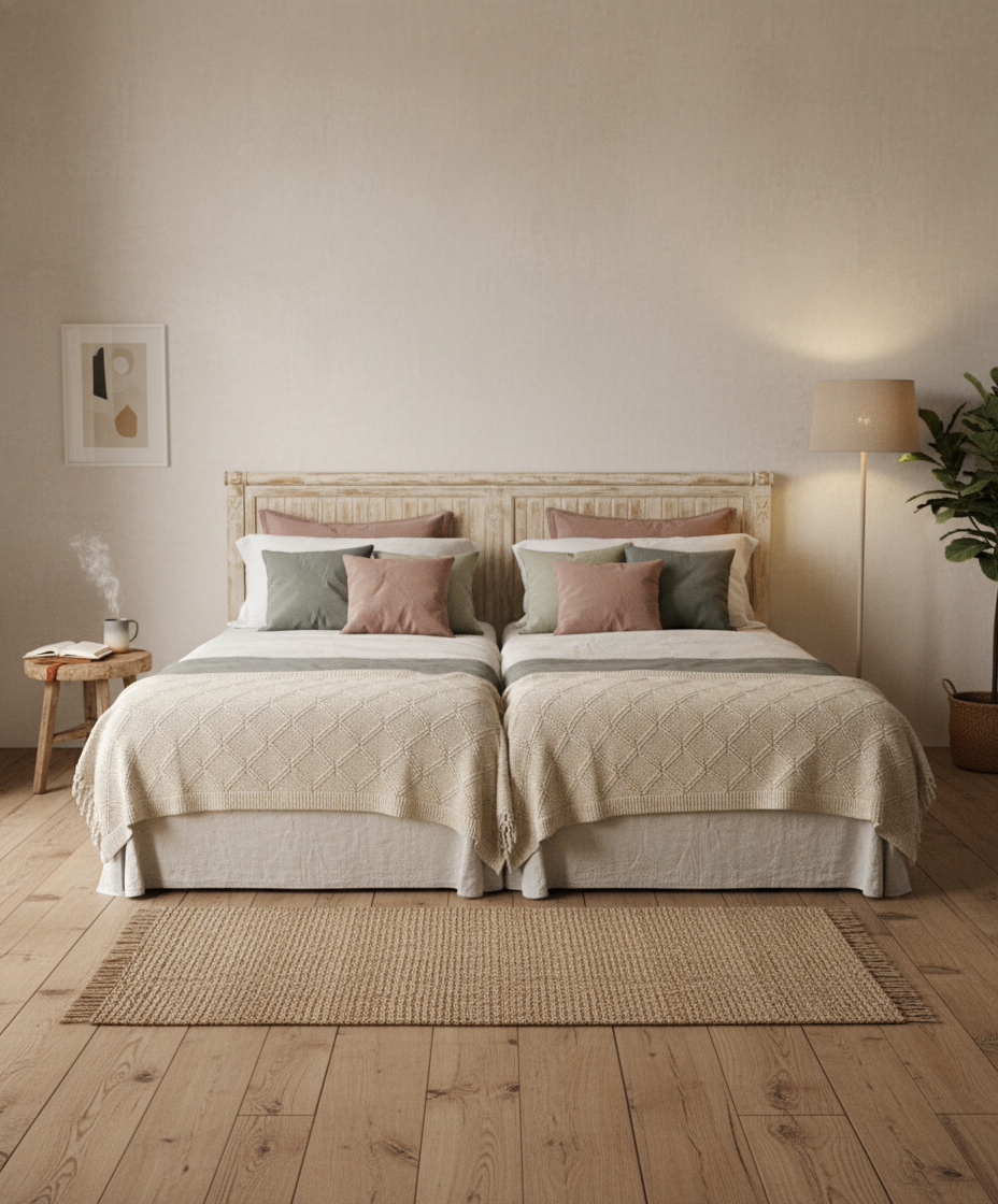 Dormitorio estilo mediterráneo con cabecero ancho unificando dos camas individuales