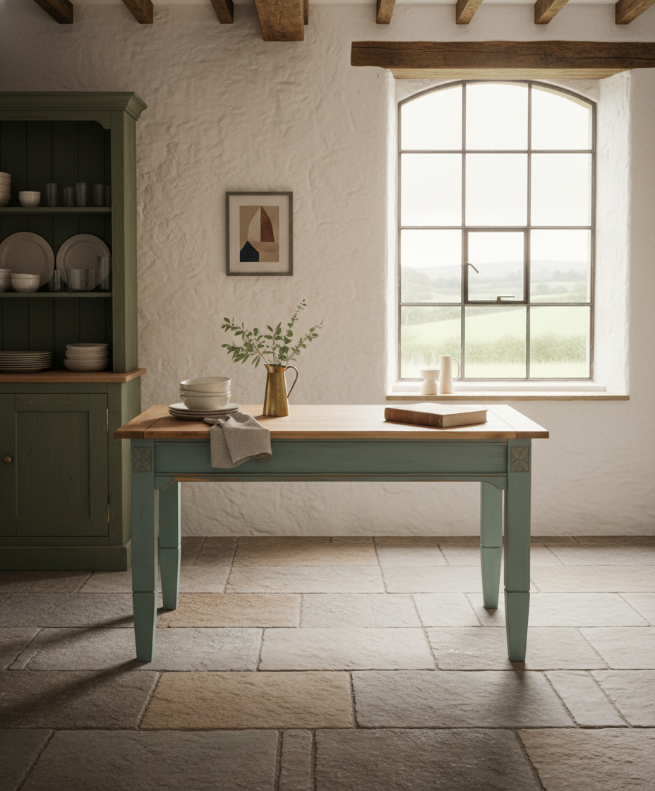 Mesa de comedor rústica en ambiente mediterráneo con luz natural y vajilla