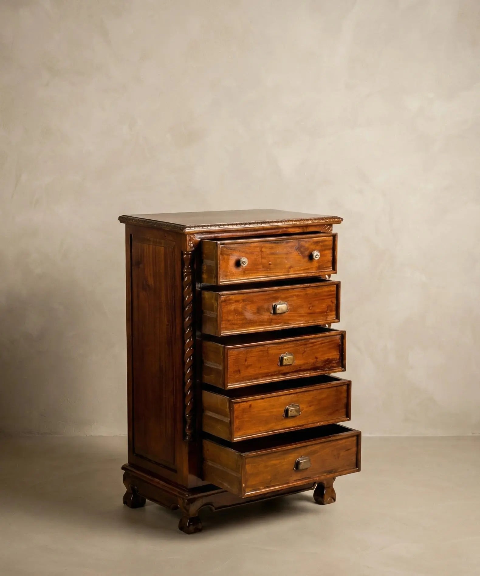 Antique solid wood chest of drawers with Solomonic columns