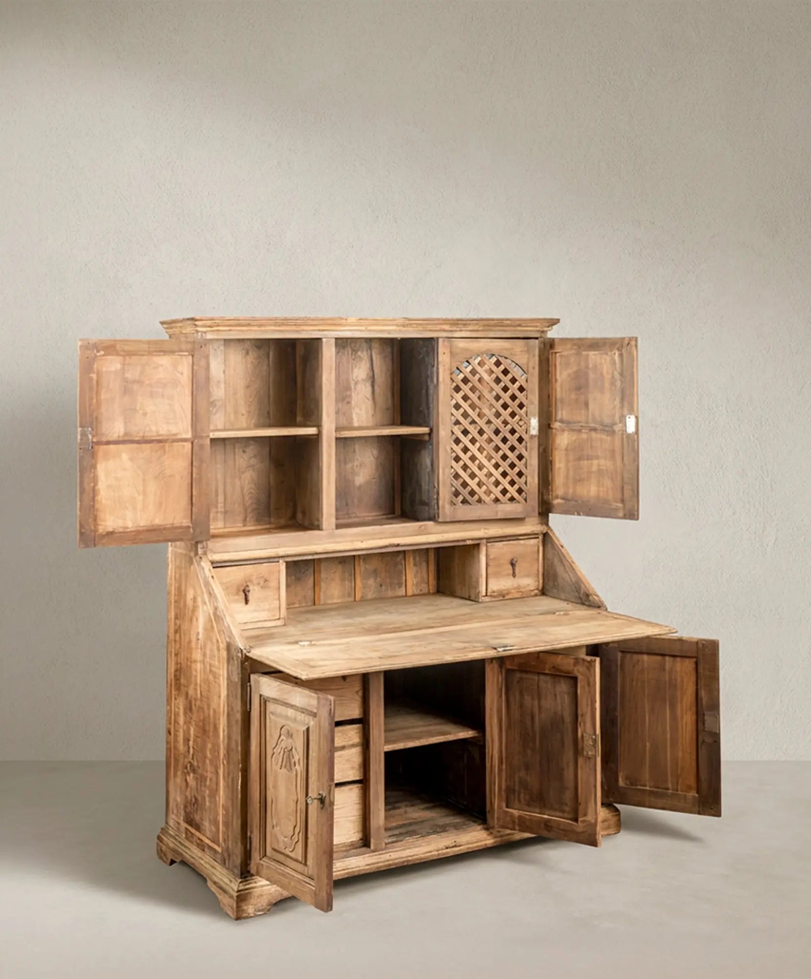 Mueble escritorio antiguo abierto vista lateral cuerpo superior e inferior — Antique Arte y Decoración