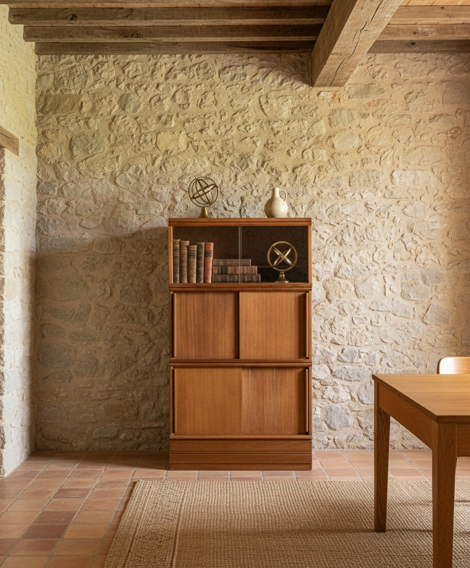 Librería vintage en salón con pared de piedra rústica y decoración de astronomía antigua.