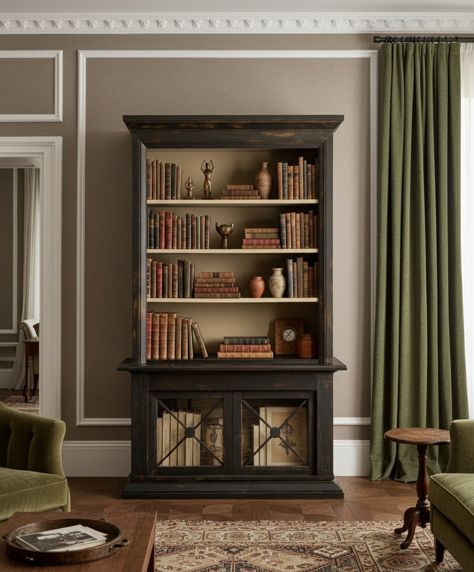 Librería Borghese decorada con libros y jarrones cerámicos en un salón de diseño clásico.