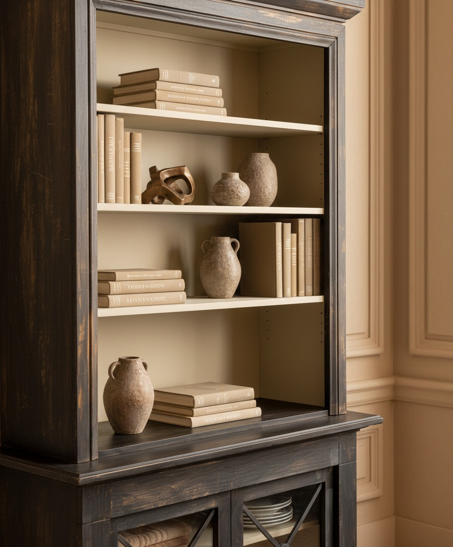 Detalle de puertas de vitrina inferior con diseño de aspas y acabado decapé envejecido.