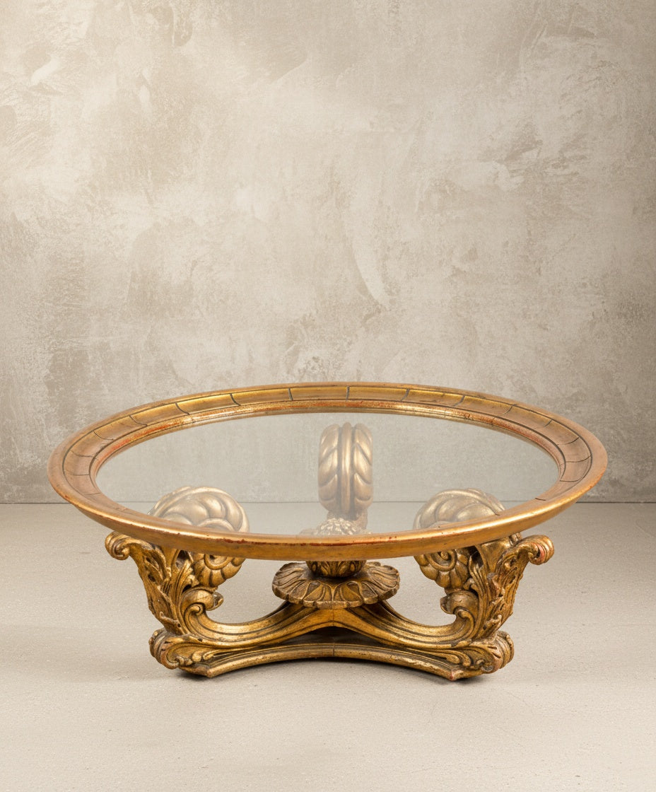 Mesa de centro circular de madera y pan de oro