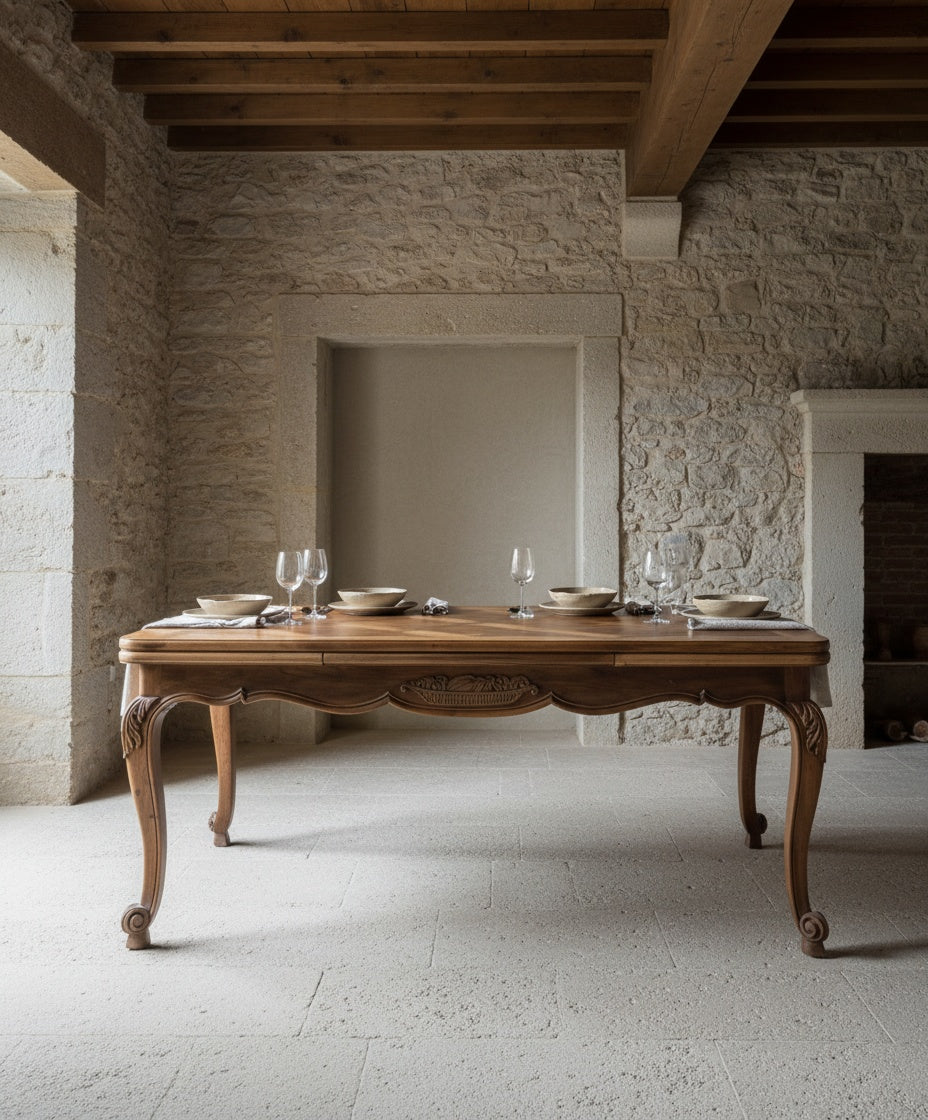 Estilismo rústico de la mesa de comedor en un espacio con paredes de piedra y vigas de madera.