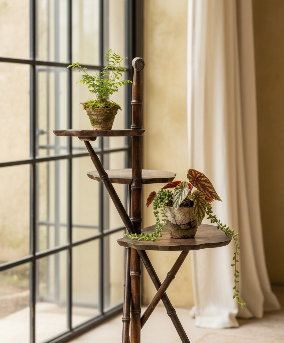 Pedestal de madera con plantas naturales junto a un ventanal industrial, mostrando su escala y uso decorativo.