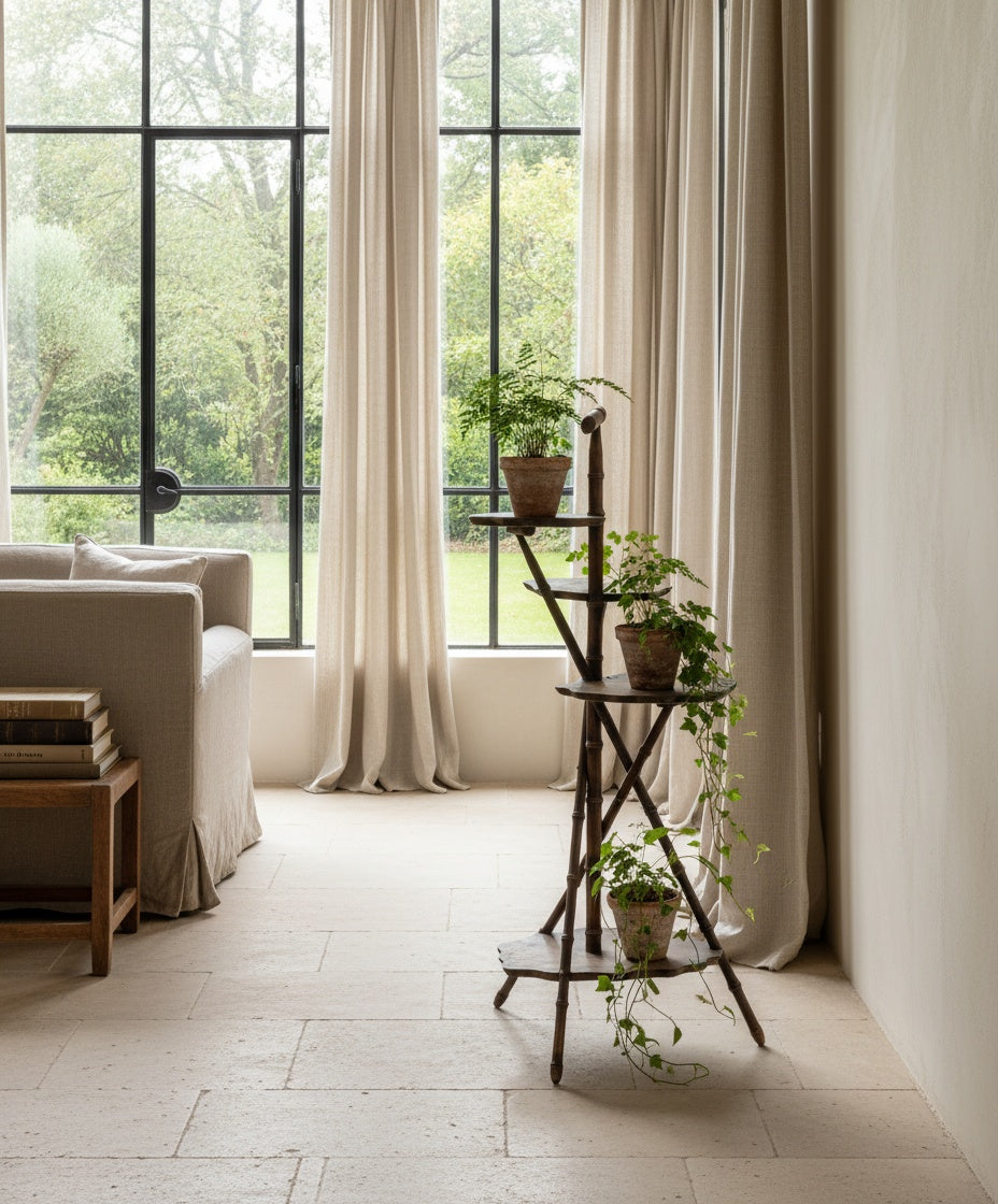 Rincón de salón con el pedestal faux bamboo integrándose en una decoración sofisticada y luminosa.