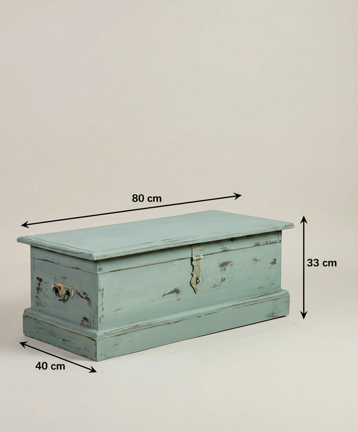 Esquema de medidas del baúl pequeño: 80 cm ancho, 40 cm fondo, 33 cm alto