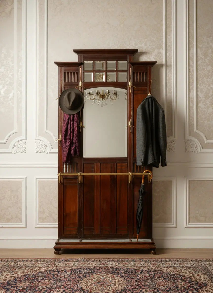 Mueble recibidor antiguo de madera de caoba con espejo central y colgadores de bronce.