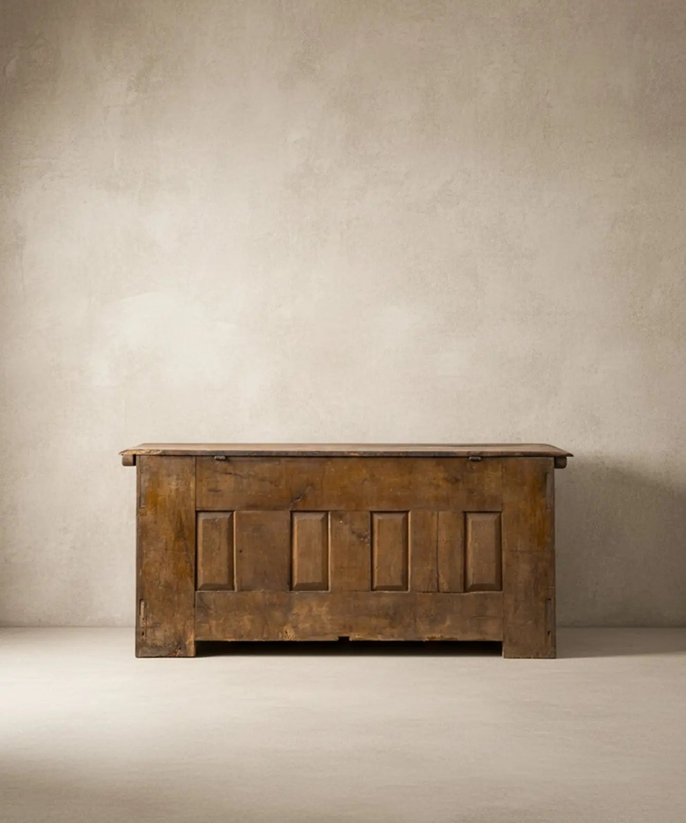 Vista posterior del arcón antiguo mostrando la construcción de paneles de madera maciza original.