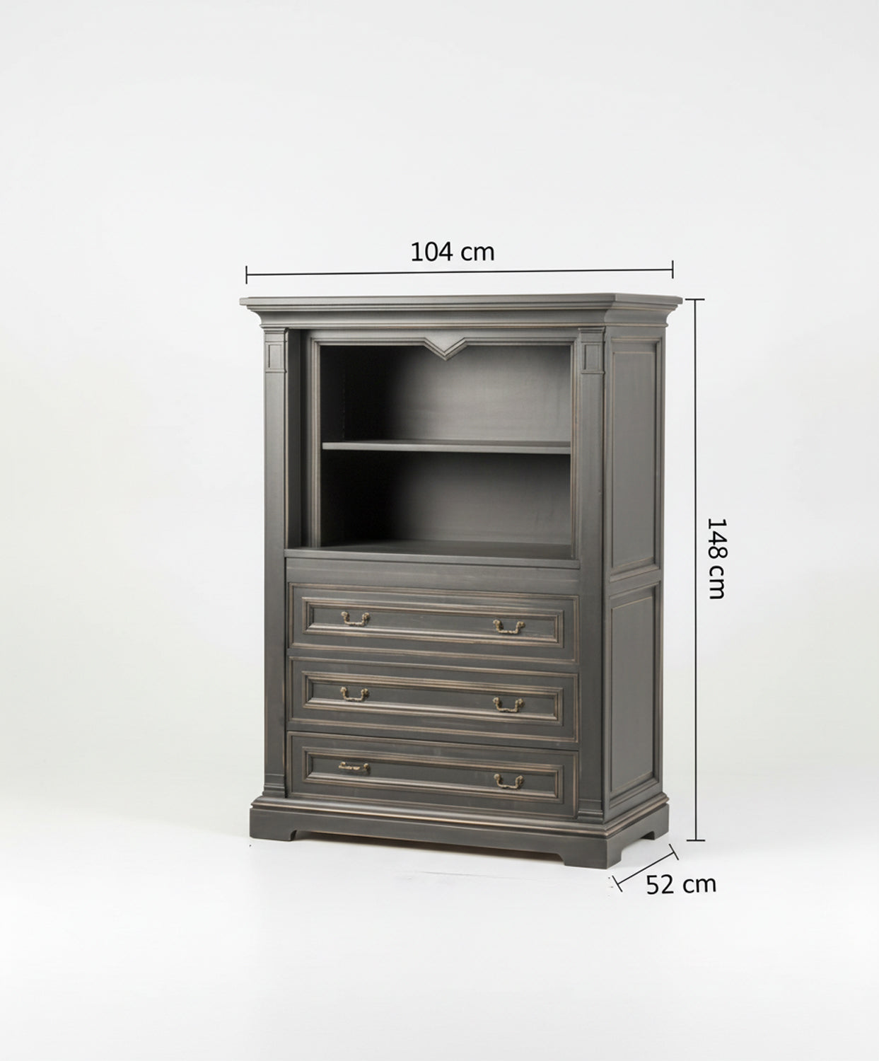 Esquema de dimensiones del mueble: 104 cm ancho, 148 cm alto, 52 cm fondo