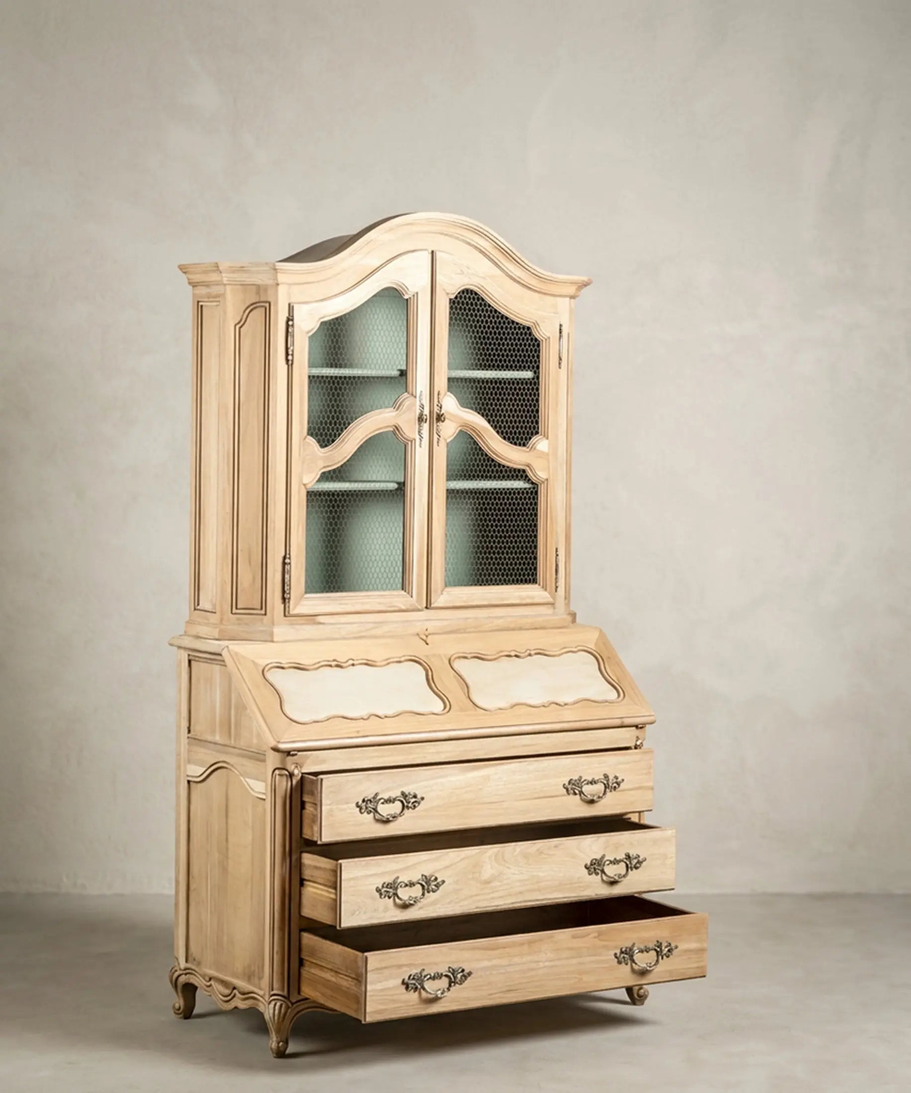 Secreter Vitrina de Madera Lavada con Escritorio Abatible | Estilo Luis XV