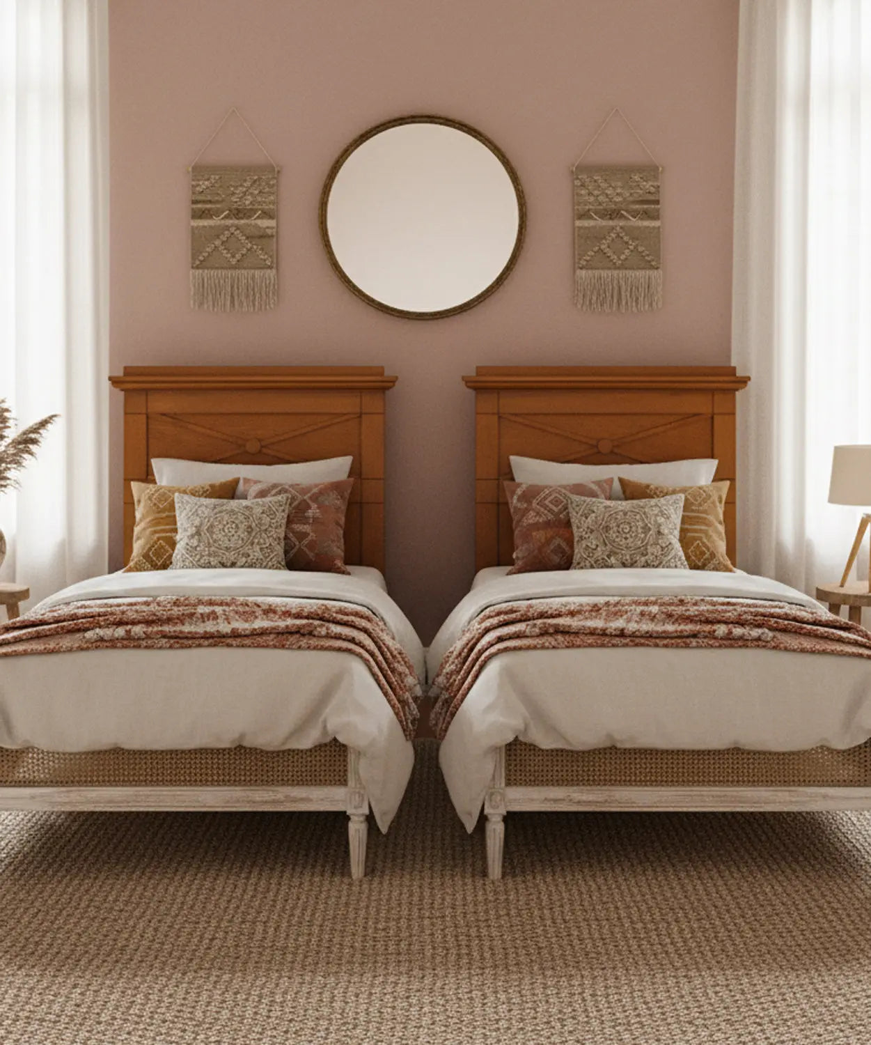 Habitación doble con dos camas individuales y cabeceros de roble Biedermeier en un ambiente bohemio con paredes rosas.