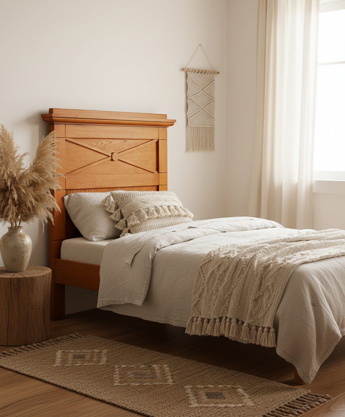 Dormitorio de estilo clásico con un cabecero vintage de roble, ropa de cama blanca y lámpara de latón.
