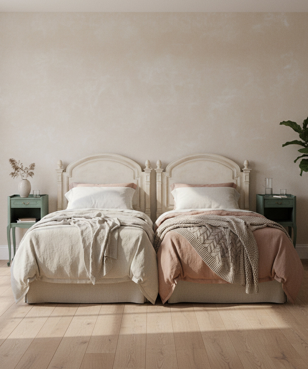 Dormitorio decorado con dos camas y las mesitas verdes estilo provenzal
