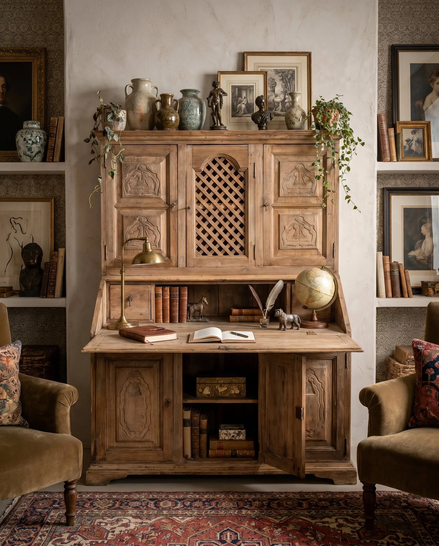 Buró escritorio antiguo siglo XVIII abierto en salón clásico decorado — Antique Arte y Decoración