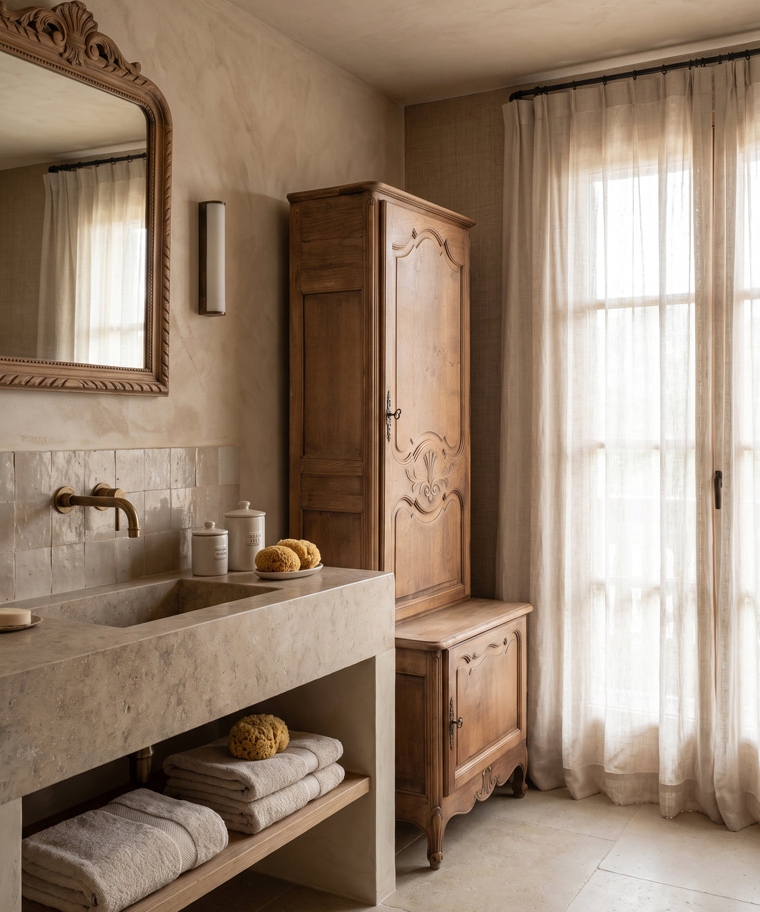 Armario vintage de dos cuerpos en roble lavado estilo Luis XV en baño clásico — Antique Arte y Decoración