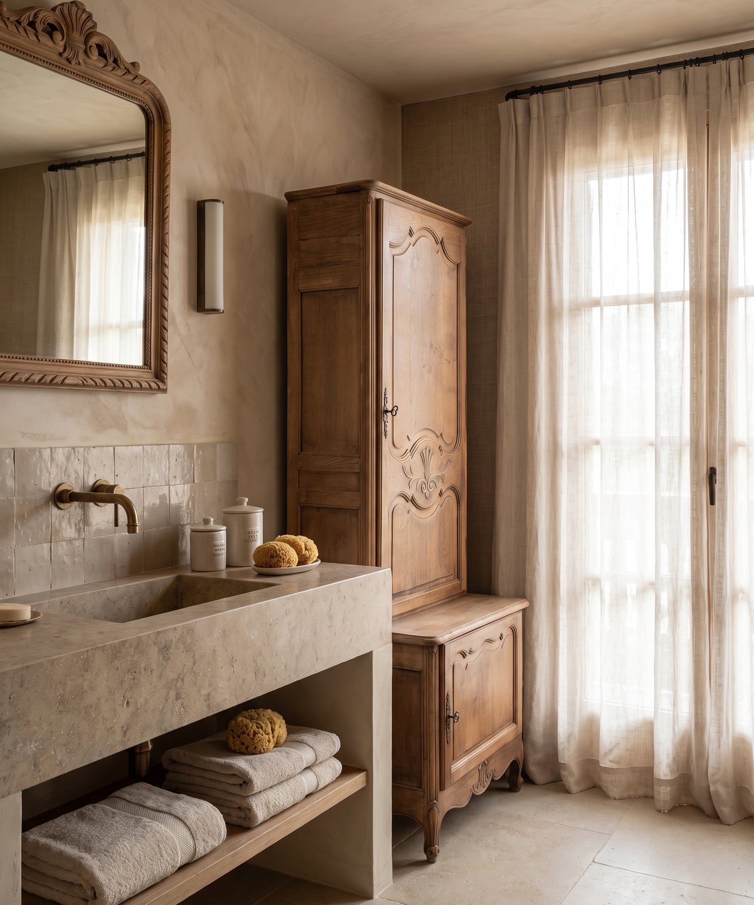 Armario vintage de dos cuerpos en roble lavado estilo Luis XV en baño clásico — Antique Arte y Decoración