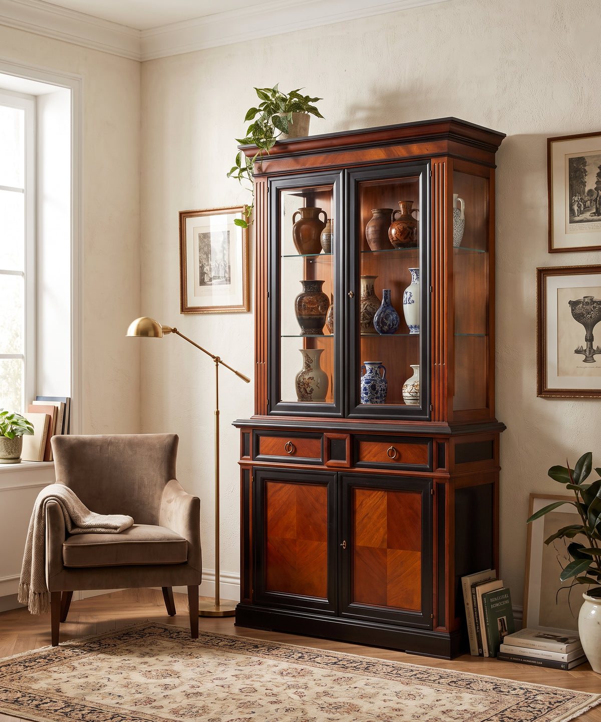 Vitrina neoclásica de caoba de dos cuerpos en salón con cristal y luz interior — Antique Arte y Decoración