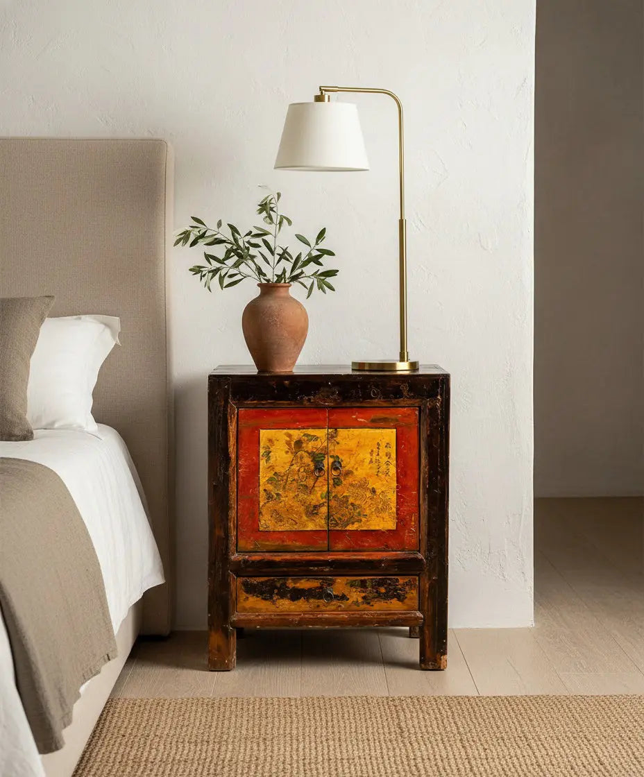 Mesita auxiliar china antigua con Pintura Original y Caligrafía (65×80 cm)