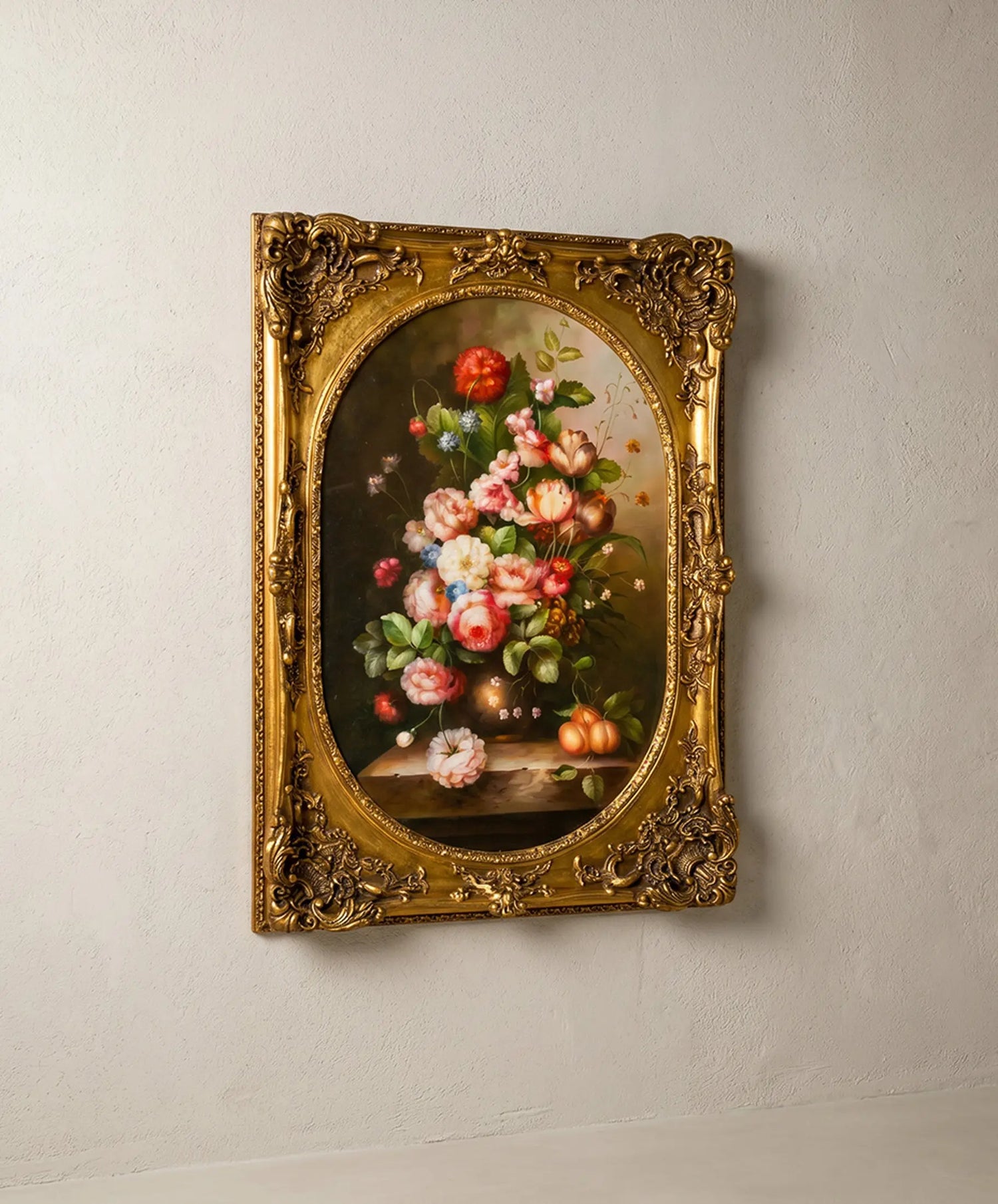 Vista lateral cuadro bodegón floral marco dorado pan de oro profundidad 7 cm — Antique Arte y Decoración
