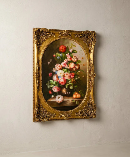 Vista lateral cuadro bodegón floral marco dorado pan de oro profundidad 7 cm — Antique Arte y Decoración