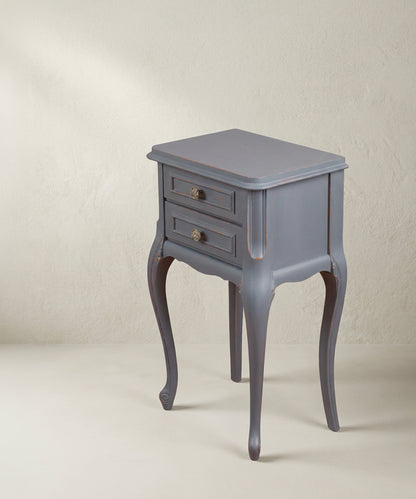 Mesita de noche vintage Luis XV azul azafata vista tres cuartos con patas cabriolé — Antique Arte y Decoración
